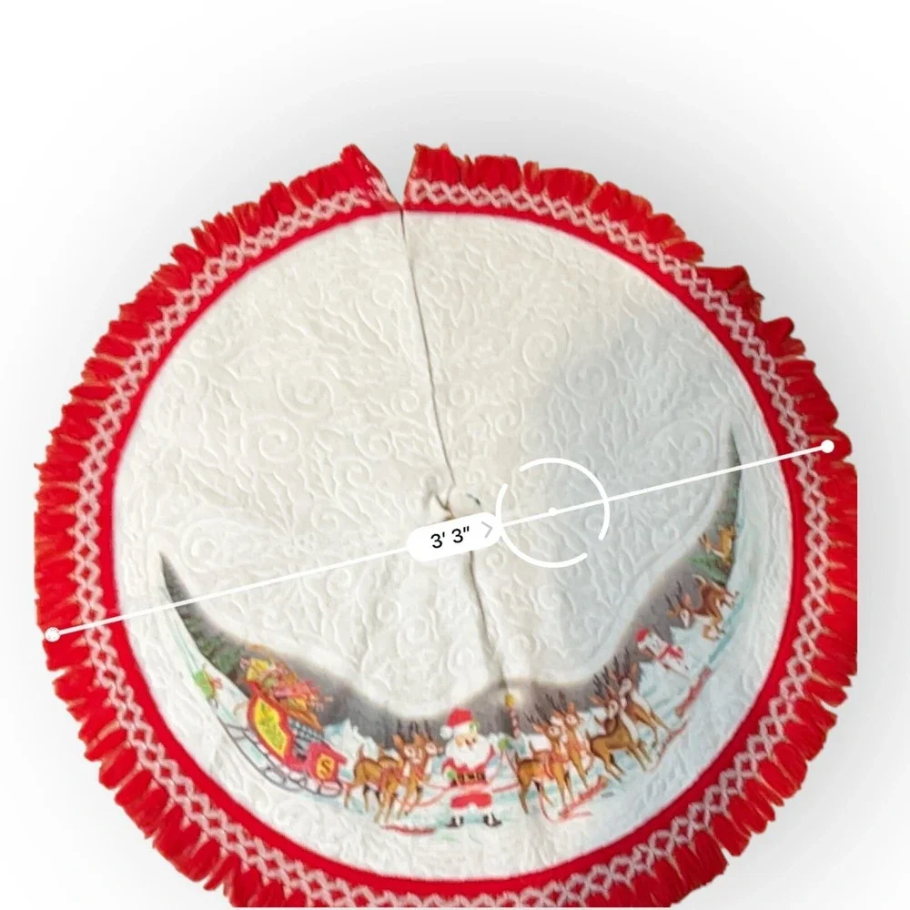 Vtg Santa North Pole Reindeer Sleigh Fringe Edge‎ Christmas Tree Felt Skirt 40